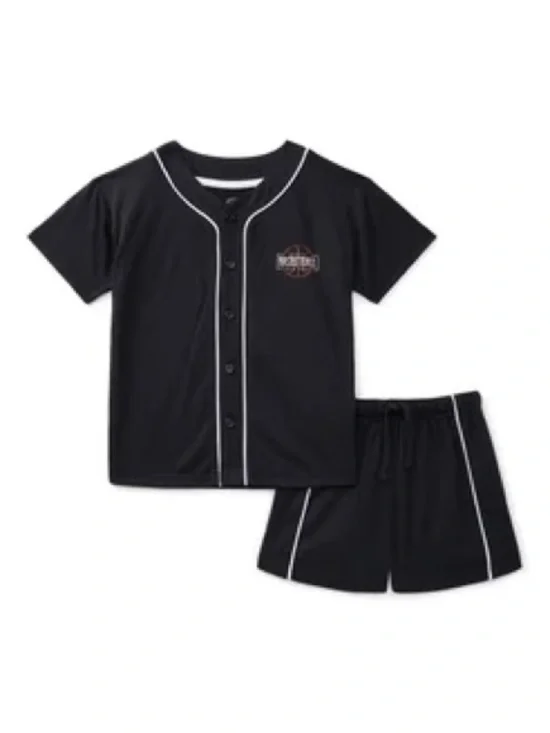 wonder nation 2 pc Black Button-Up Top with White Piping and short set sleepwear