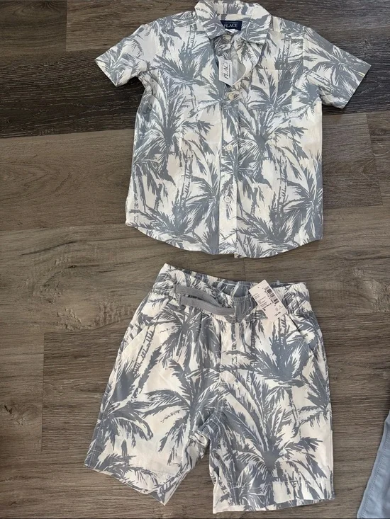 NWT The Children's Place Palm Tree Print Shirt & Shorts Set - Gray & White