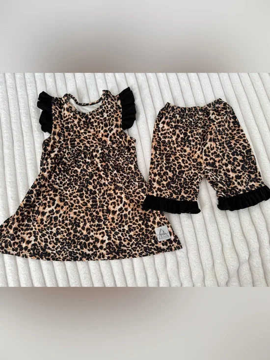 Pipperdoodles Leopard Print Ruffle Tunic Dress & Shorts Set - Black & Tan