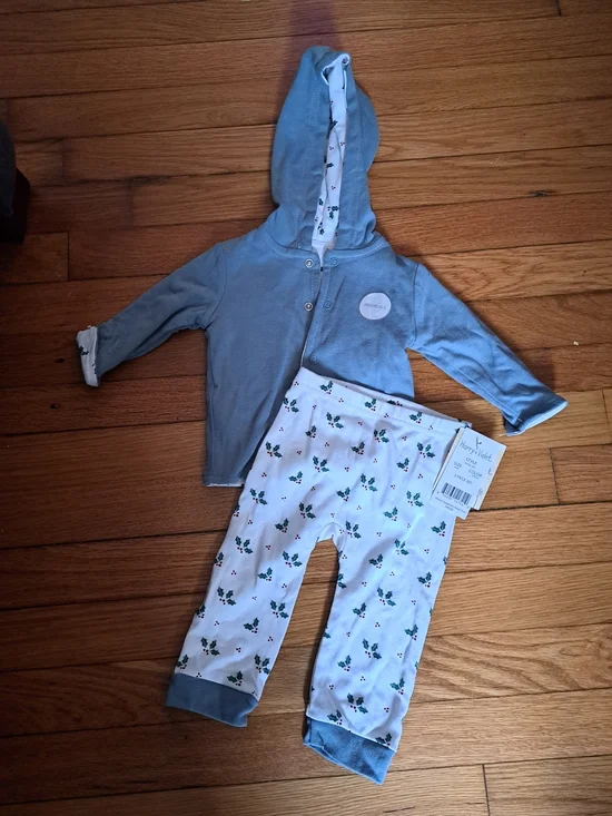 Blue Hooded Baby Set with Holly Print Pants
