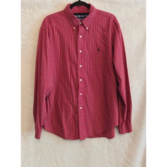 Ralph Lauren Mens XL Red Shirt  Plaid Long Sleeve Button Down Green Pony Logo