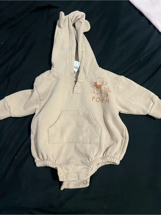 Disney Baby Beige Hooded Romper with Snap Closure