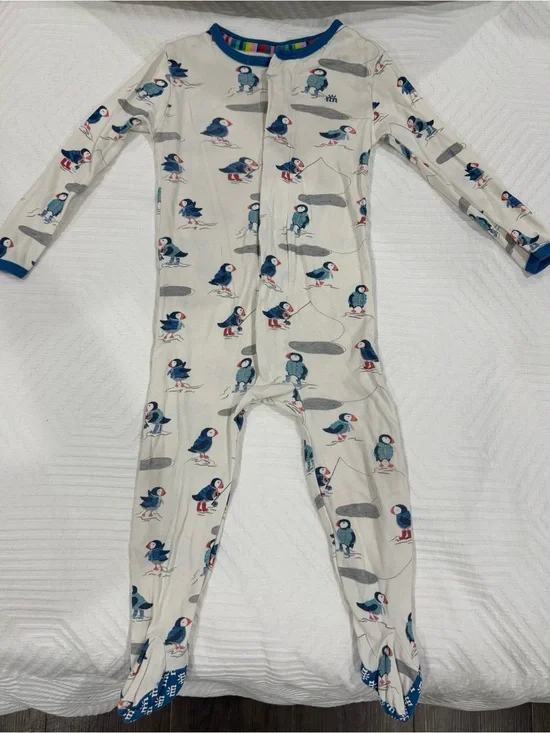 Magnetic Me Cream Puffin Print Footed One-Piece Pajamas with Blue Trim
