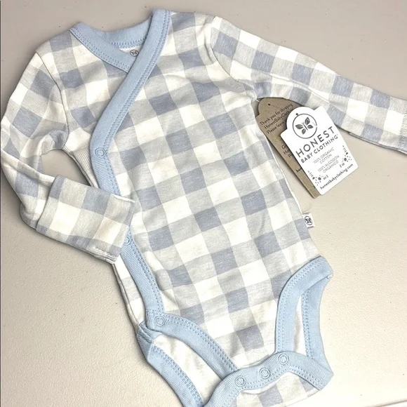 Honest Organic Cotton Soft Checkered Bodysuit Onesie with Fold-Over Mitten Cuffs