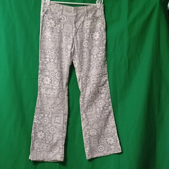 Vintage Male Slacks Jeans Blue White Geometric Floral Print Flare Pants 32x30‎