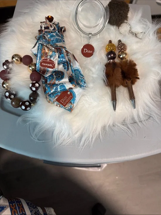 Dior Brown and Blue Silk  Junk Tie with Brown Pom-Pom Charms
