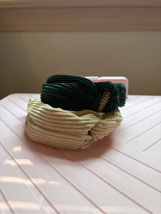 Pleated Knot Headbands in Forest Green and Cream