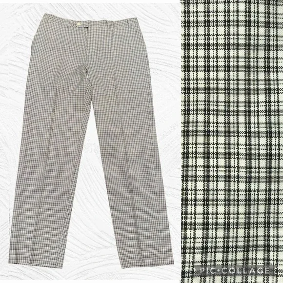 Canali‎ Dress Pants Mens 35X31.5 Black Cream Plaid Wool Flat Front Italy Classic