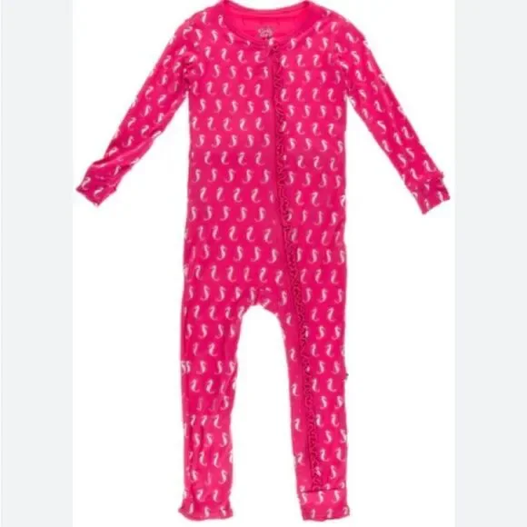 KicKee Pants Prickly Pear Mini Seahorses Muffin Ruffle Coverall with Zipper