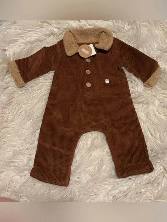 NWT Mud Pie Baby Boy Corduroy Romper Brown 3-6M