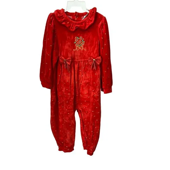 Little Me‎ Vintage Red Velvet Gold Christmas One Piece Button Bottom Size 24 Mo