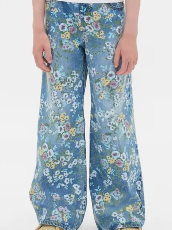 GAP Floral Baggy Denim Jeans — Light Blue with Multicolor Blooms
