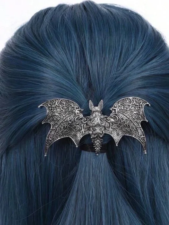 Gothic Elegant Ornate Bat Wing Metal Hair Clip Silver color Engraved details NWT