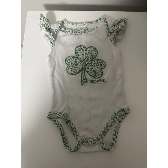 Made With Love Ireland Romper Baby Girls 9-12 Months White Shamrock One Piece