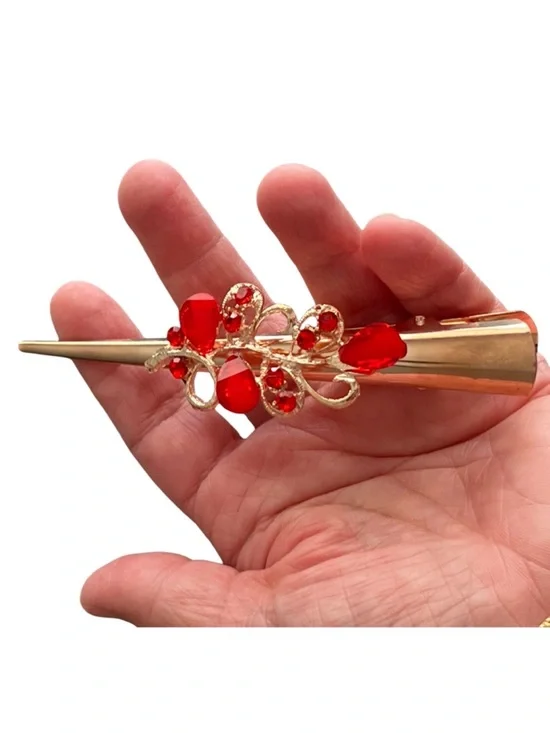 Gold Hair Clip with Red Gem Flourish - Women's Jewelry FINAL PRICE DROP