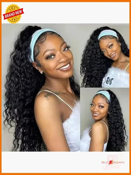 Deep Wave Human Hair Headband Wig 26 Inch 180 Density Glueless Half Wig