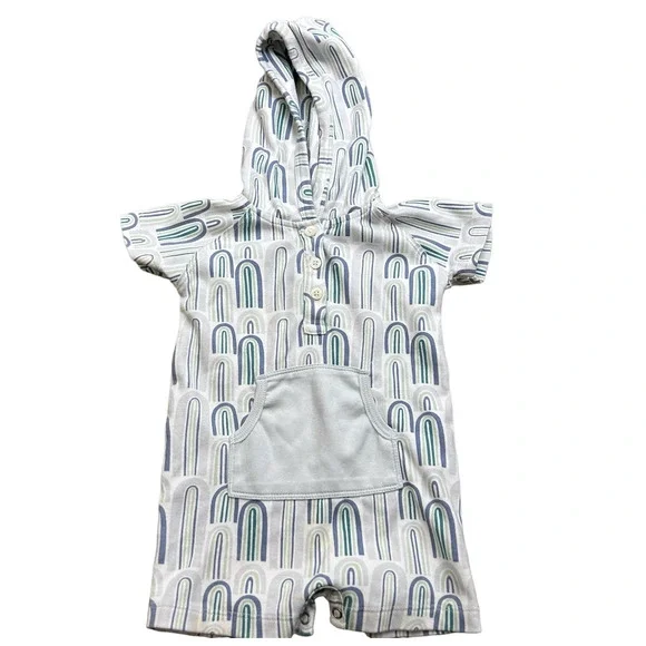 Kate Quinn Blue and Gray Bodysuit with Hood and Short Sleeves