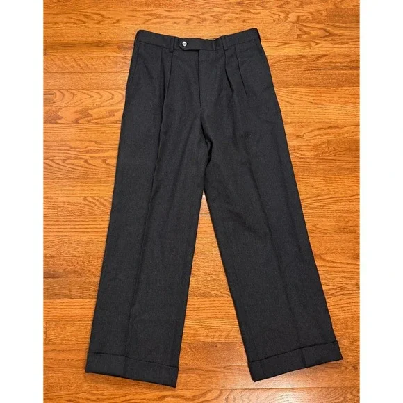 Vintage Paul Stuart Dress Pants Fits Mens 30x28 Gray Wool Pleated Cuffed USA