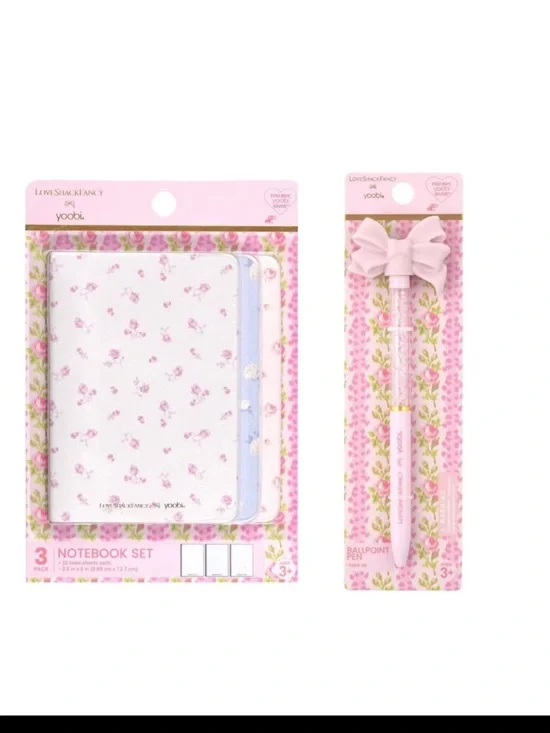New -LoveShackFancy 3 Piece Floral Mini Journa and Bow Sparkle Pen Set