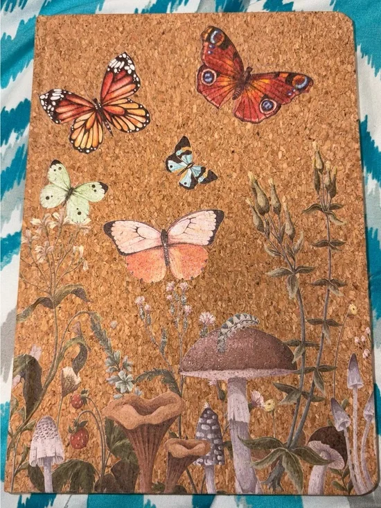 Cork Notebook with Butterfly & Mushroom Illustration - Botanical Artwork