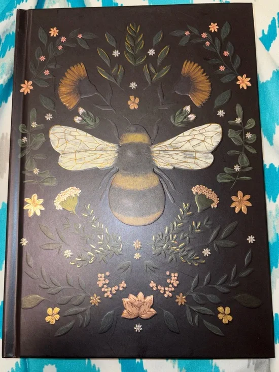 Embroidered Bee Floral Hardback Journal in Black and Gold