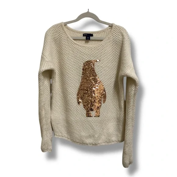 GapKids Girls XL 12 Cream Chunky Knit Sequin Penguin‎ Pullover Sweater Copper