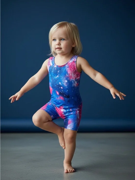 Girls Gymnastics Leotard Unitard Size 4 Galaxy Space Print Bikotard Sparkly Blue