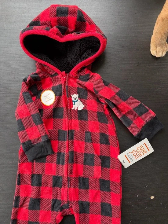 Red and Black Buffalo Plaid Hooded Baby Romper with Puppy Patch