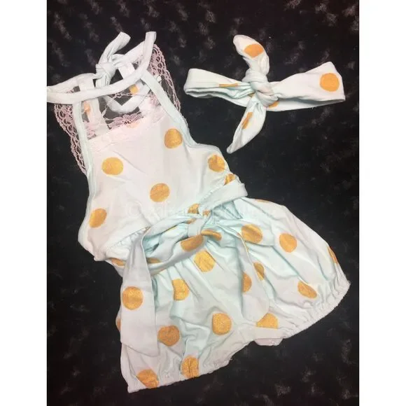 Aqua & Gold Lace Belted Bubble Romper w/Matching headband  60313 3T NWT Boutique