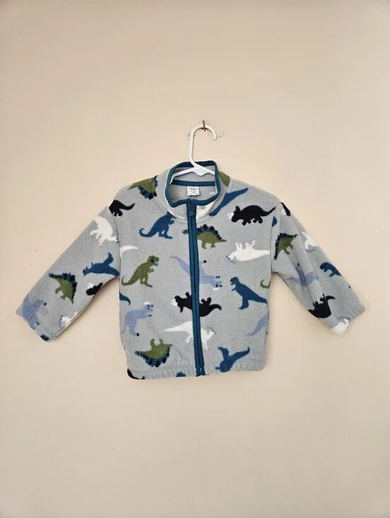 GAP Baby Fleece Zip Up with Blue and Green Dinosaurs, Size 12-18 Months