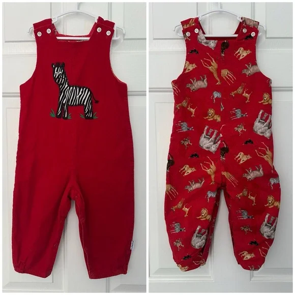 The Bailey Boys Reversible Longall Red Corduroy Zebra Zoo Animals Sz 24 Mts