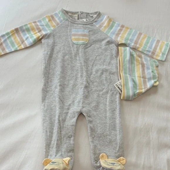 First ImpressionsStriped Gray and Multicolor Kids One Piece and hat set