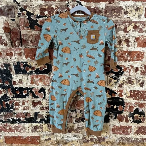 Carhartt Long Sleeve Green Camp Tent Bodysuit one piece Cotton Boys 18M Logo