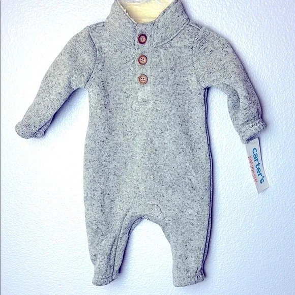 Carter's Gray Bunting One Piece with Mock Neck Henley Fleece Lined Collar
