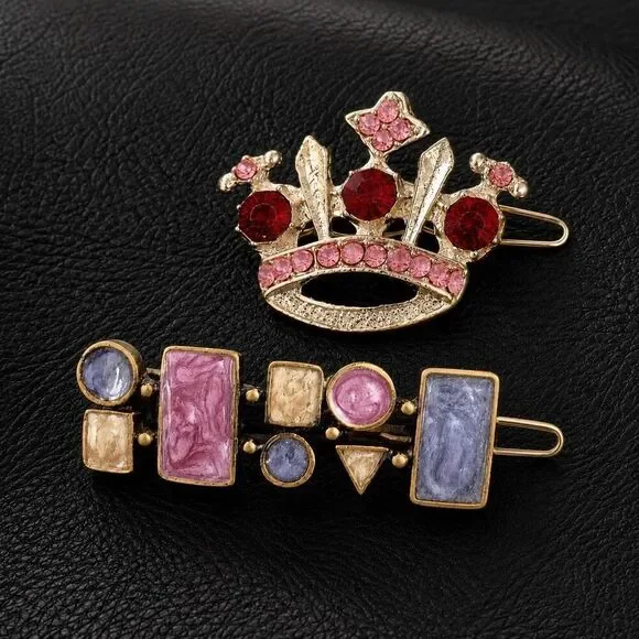 Vintage Crown & Marbled Enamel Barrette Pair Rhinestones
