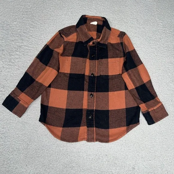 Gap Orgnic Cotton Shirt Toddler Sz 3Yrs Orange Buffalo Plaid Flannel Button Up