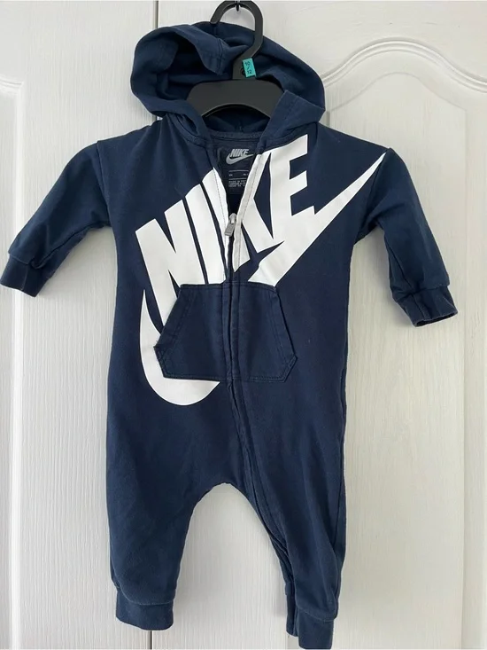Nike Coverall Boys 9 Months Blue Hooded One-Piece Full Zip Logo Romper