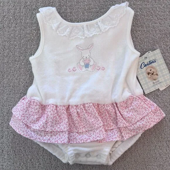 NWT Vintage Carter’s Baby Girls 0-3mo 1 Piece Bunny Outfit Ruffle Easter Spring