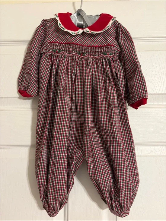 Nursery Rhyme Holiday Smocked Tartan Plaid Long Bubble Romper