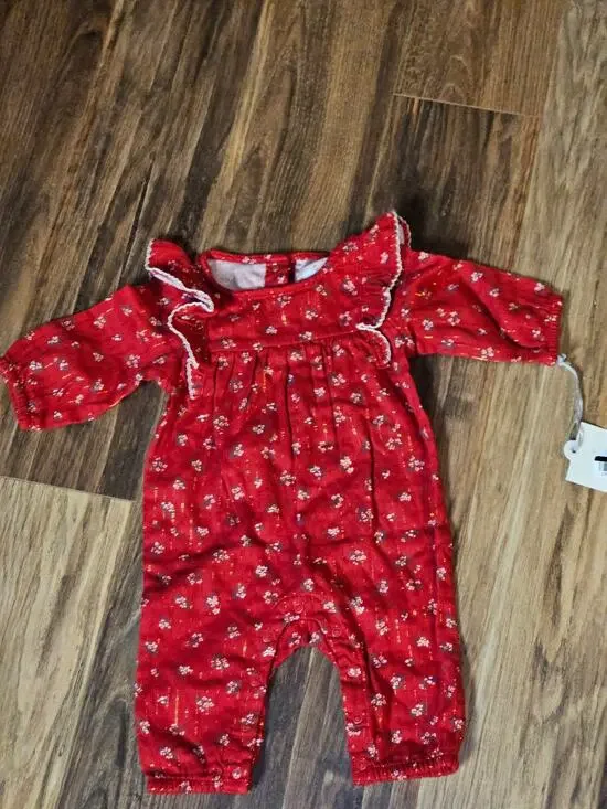 Cloud Island Baby Girls' Christmas Holiday Floral Romper, 0-3M, Red