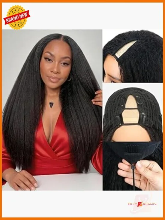 V Part Wig Human Hair Kinky Straight 250% Density Glueless Clip In Drawstring