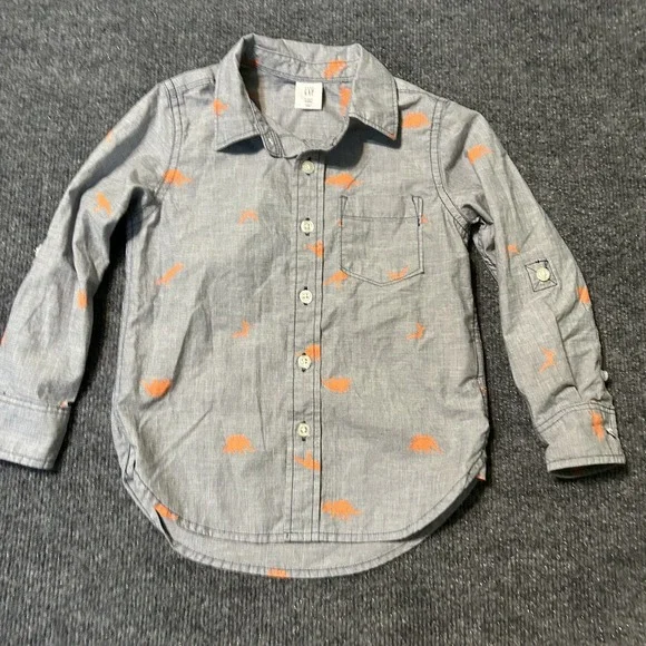 Baby Gap Shirt Boys Size 4T Long Sleeve‎ Button Up  Dinosaurs Roll Tab Sleeves