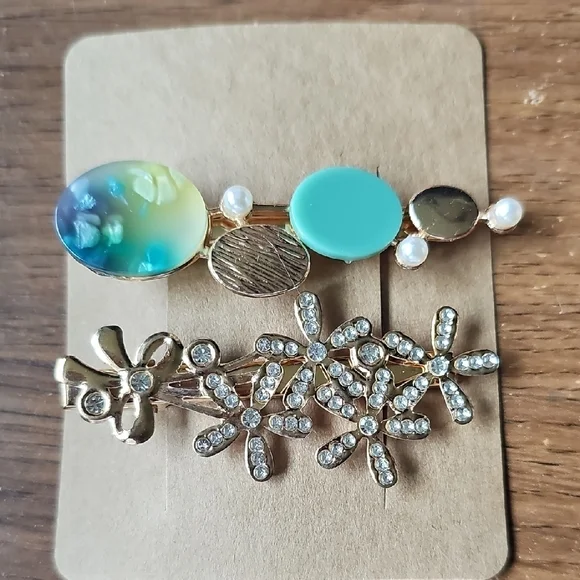 New Gold & Turquoise Hair Clip Set Alligator Clip Barrette Floral