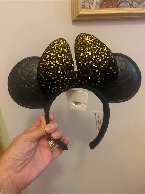 Faux Lrayher Black Headband with Gold Sequin Bow Minnie Ears