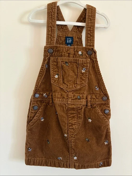 GAP Brown Corduroy Floral Embroidered Overall Dress