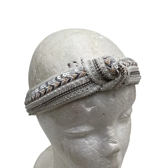 White Embellished Top Knot Headband Faux Pearl Sequin Rhinestone Boho Glam Hair
