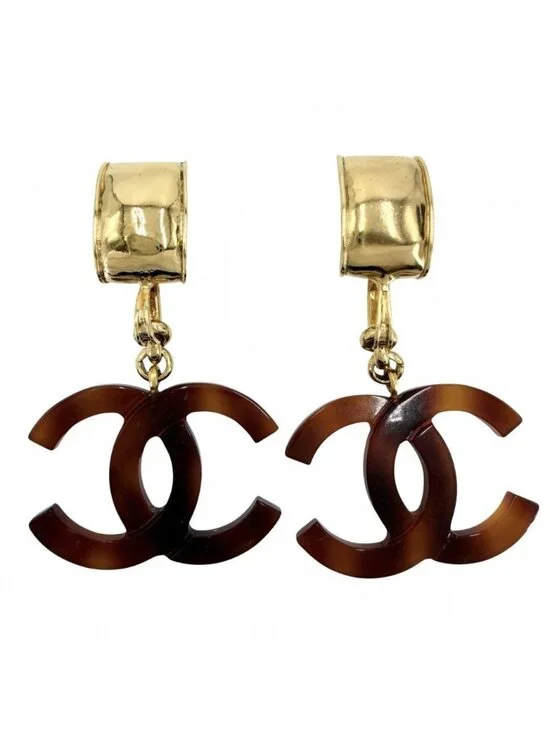 Chanel Earrings CC Logo Coco Swing Plastic Gold Plated Brown