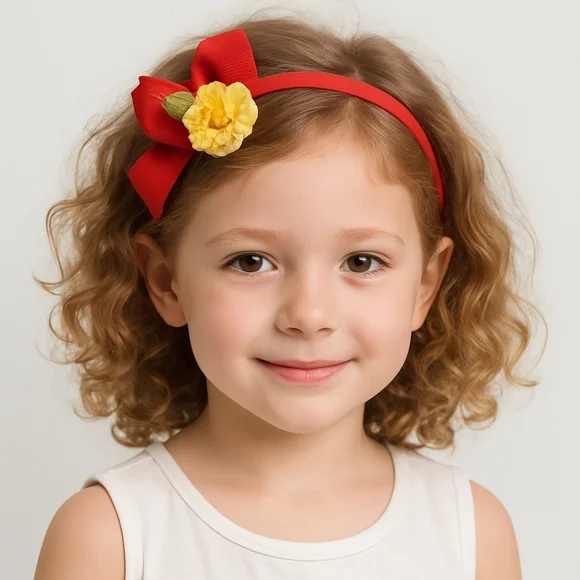Hand Crafted red bow hairband hand knit crochet yellow rose with a ribbon flower