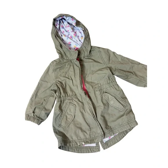 Baby Gap Jacket Girls 2T Olive Green Hooded Anorak Parka Floral Lined Utility