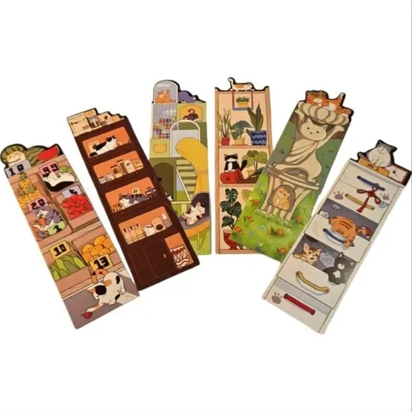 6pc Cat Bookmark Set Colorful Reading Markers Birdbath Grocery Shop Statue Cats